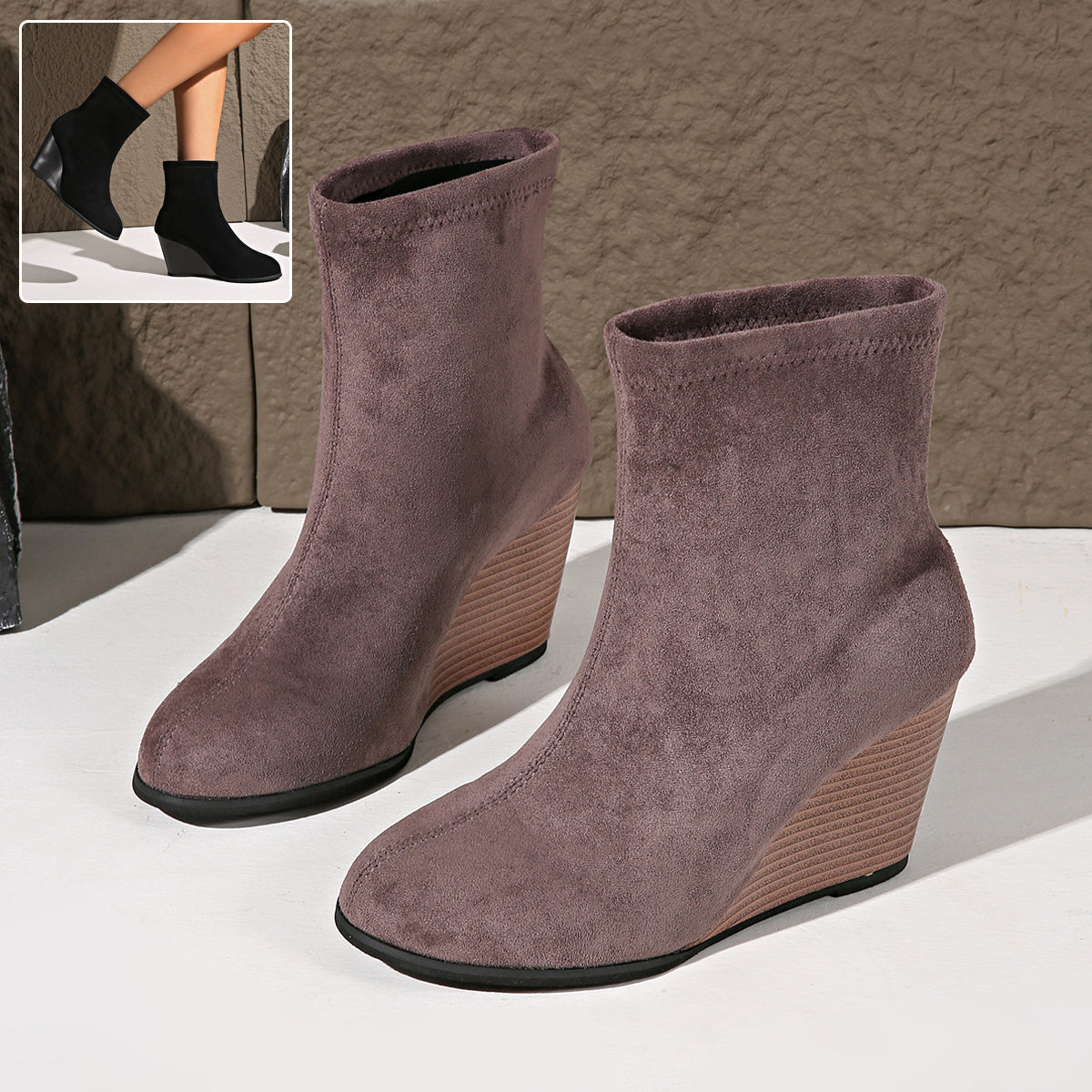 Winter Suede Height-Increasing Shoes, Warm Solid Ankle Boots for Women