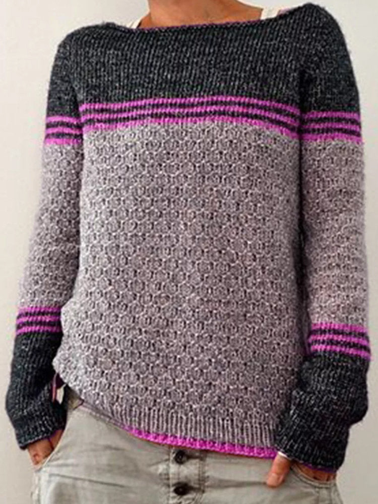 Women's Contrast Color Loose Striped Top Knitted Sweater