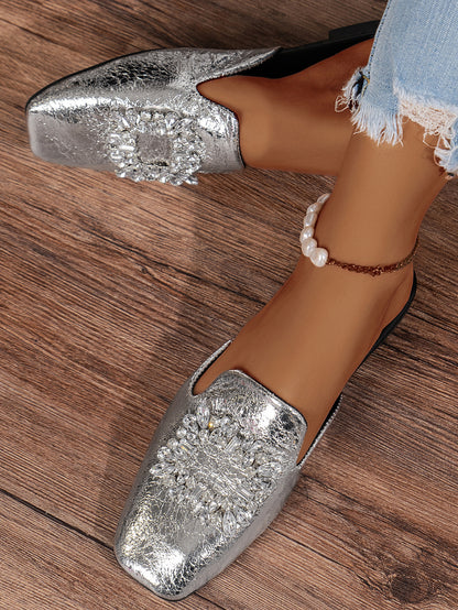 Flat Heel Silver Square Toe Rhinestone Semi-Slippers with Skirt