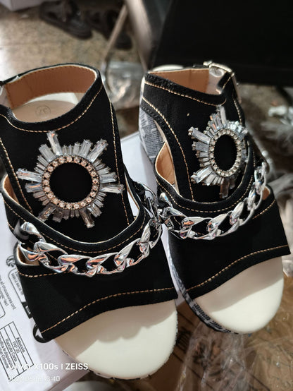 Fashionable Wedge Denim Sandals with Round Toe, Peep Toe, and Rhinestone High Heels – Comfortable and Stylish