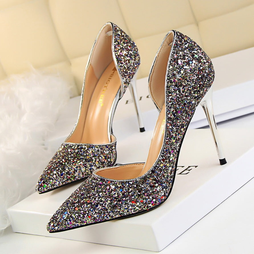 Skinny Women's Stiletto Heels with Pointed Toe, Side Hollow-out, and Sequin Accents