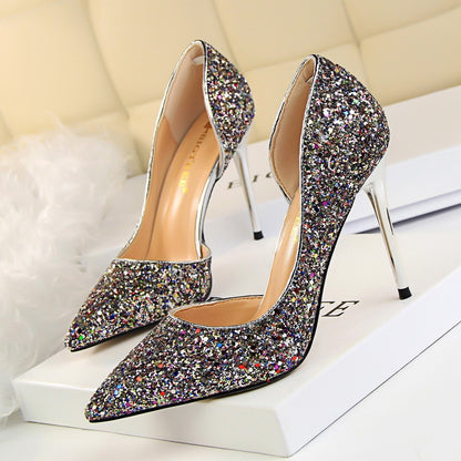 Skinny Women's Stiletto Heels with Pointed Toe, Side Hollow-out, and Sequin Accents