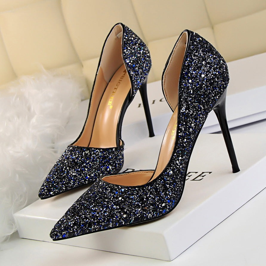 Skinny Women's Stiletto Heels with Pointed Toe, Side Hollow-out, and Sequin Accents