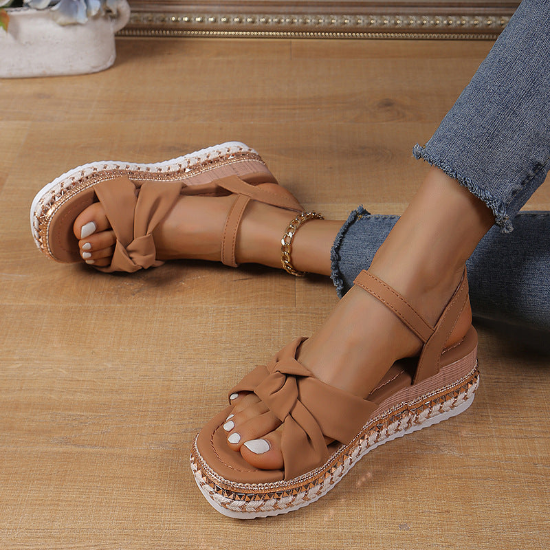 Fashion Flat Open Toe Sandals with Hemp Rope, Buckle, and Cross Bow