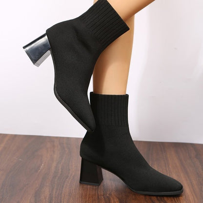 Large Size Thick Heel Pointed Toe Women's Stretch Boots