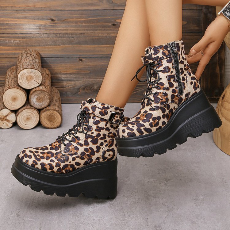 Plus Size Leopard Print Platform Height-Increasing Martin Boots