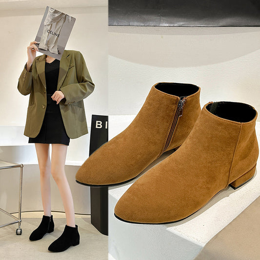 Women's Chunky Heel Casual Short Tube Boots - British Style