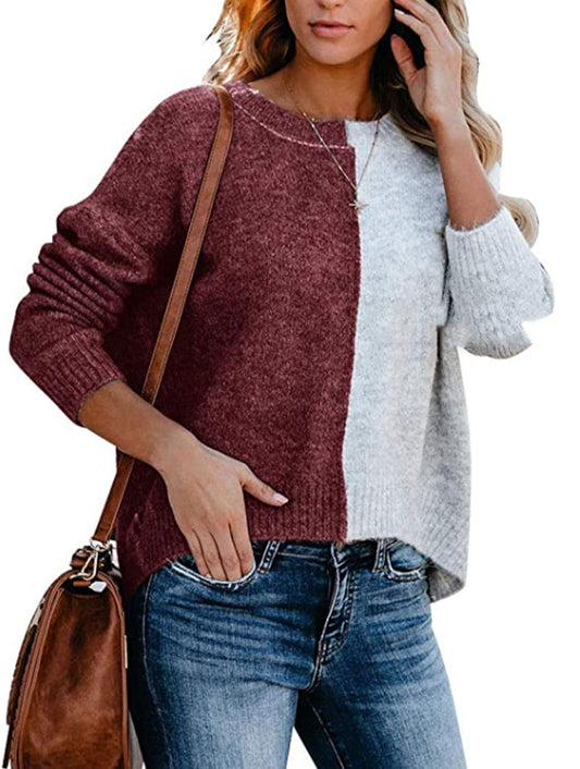 Women's Round Neck Color Block Sweater - Casual Loose Fit Long Sleeve Pullover