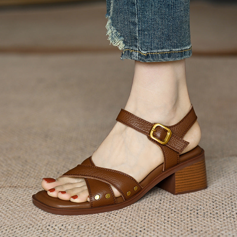 French Style Mid Heel Open Toe Sandals for Women - Summer