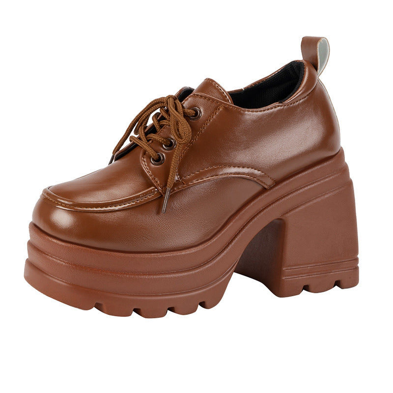 British-Style Leather Platform Shoes with Muffin Bottom and Chunky Heel