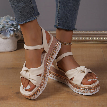 Fashion Flat Open Toe Sandals with Hemp Rope, Buckle, and Cross Bow