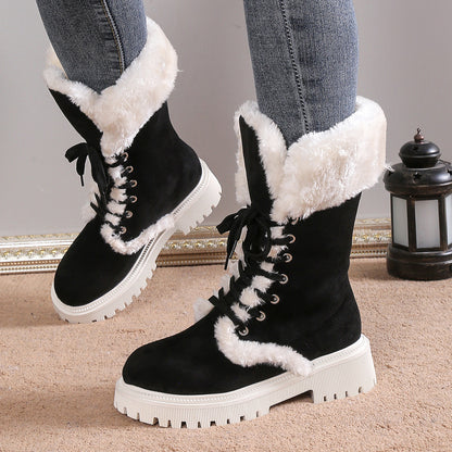 Winter Lace-Up Snow Boots for Women – Mid-Tube, Fleece Lined, Warm Chunky Heel Plush Boots