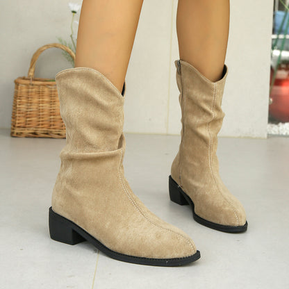 French Retro Western Style Frosted Mid-Calf Cowboy Boots for Women