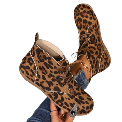 New Lace-up Leopard Print Flat Casual Boots