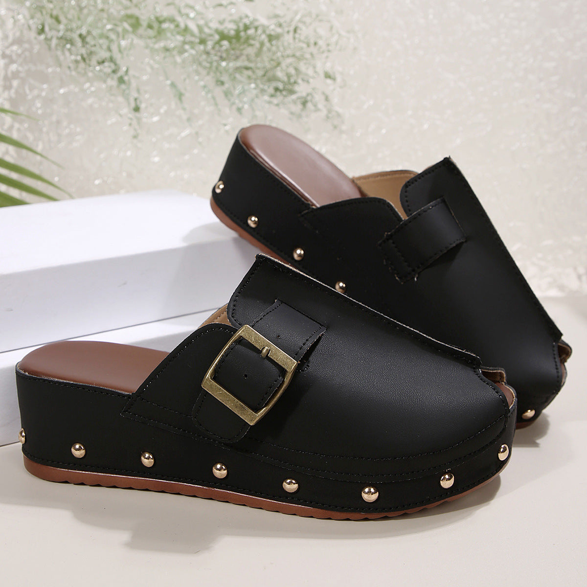 Summer Fish Mouth Wedge Sandals for Women with Rivet Buckle – Thick Bottom Non-Slip Outdoor Slippers