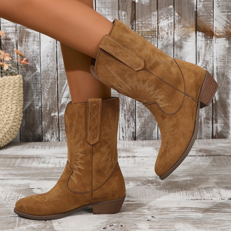 Women's Pointed Toe Western Denim Ankle Boots - Brown Suede Chunky Heel