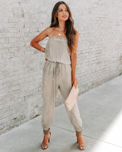 European And American Ladies Bandeau Distressed Lace-up Jumpsuit