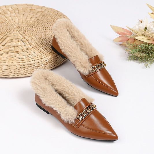 Plus Size Fluffy Shoes with Pointed Toe and Horsebit Buckle Detail