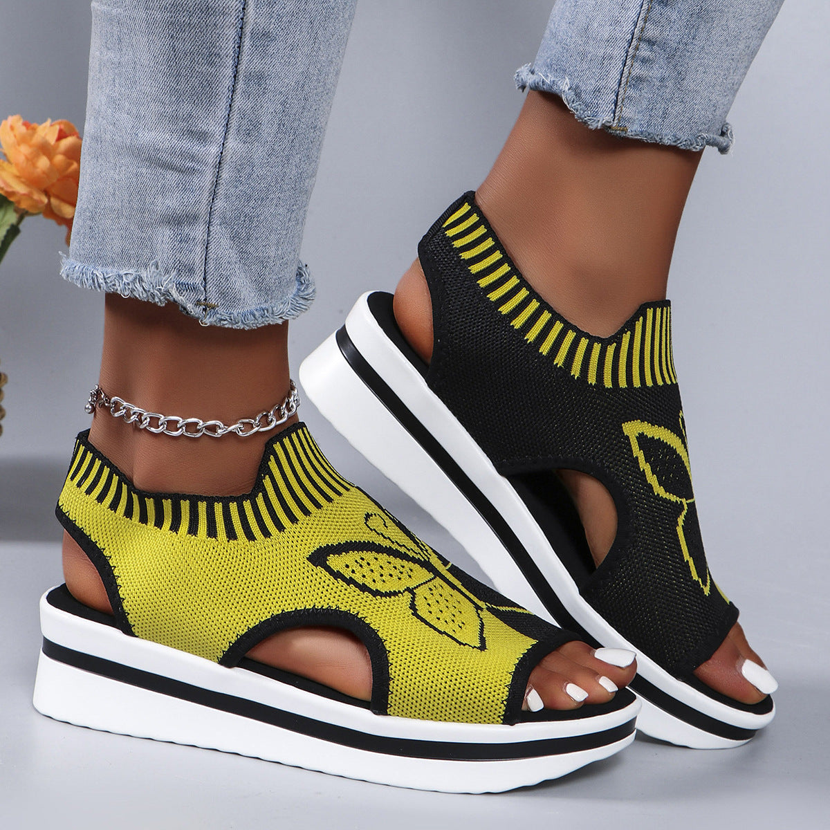 Women's Summer Butterfly Print Casual Sports Sandals with Breathable Flying Woven Flat Design