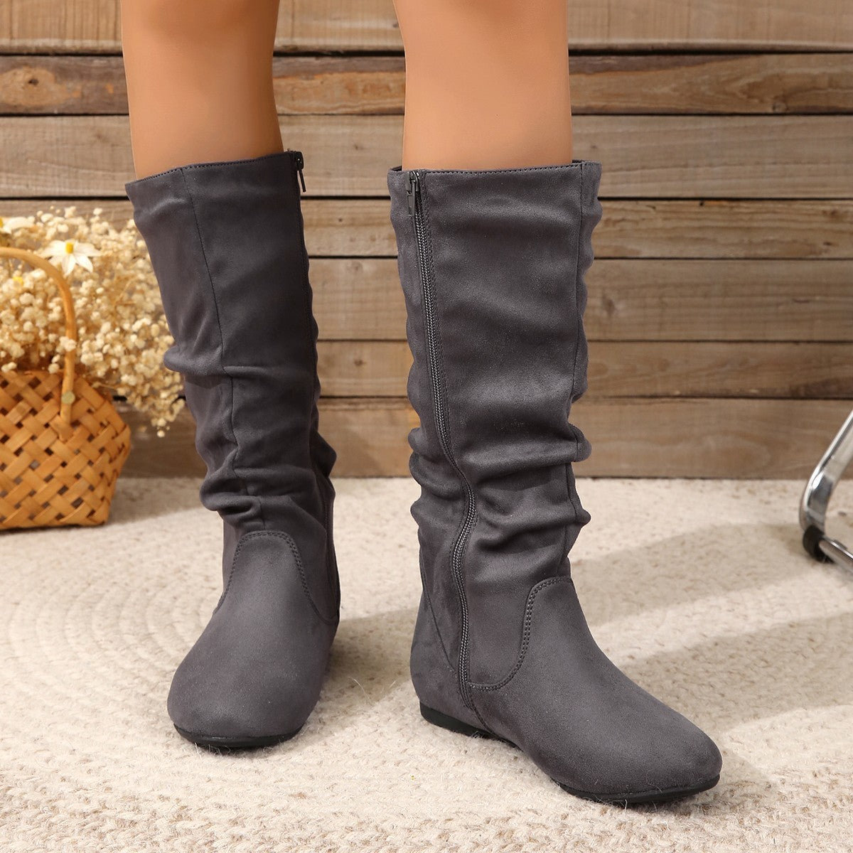 Women's Winter Warm Middle Boots with Round Toe and Side Zipper