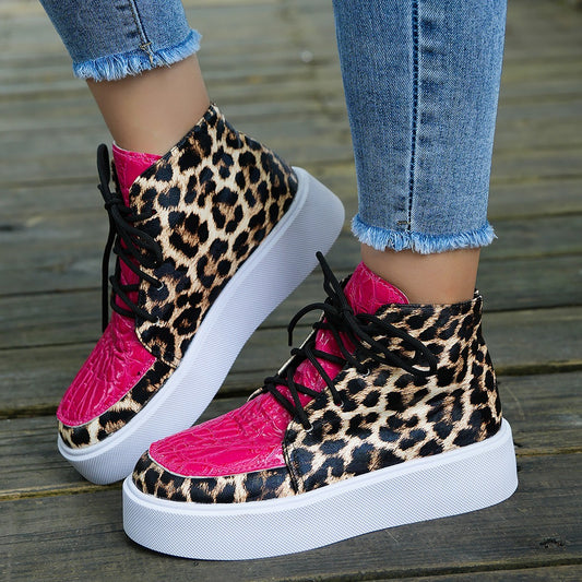 High-Top Leopard Print Flat-Heeled Platform Lace-Up Casual Shoes for Women