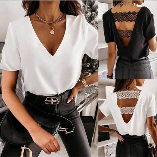 Women's Fashionable Temperament V-neck Lace Ruffled Short Sleeves Top