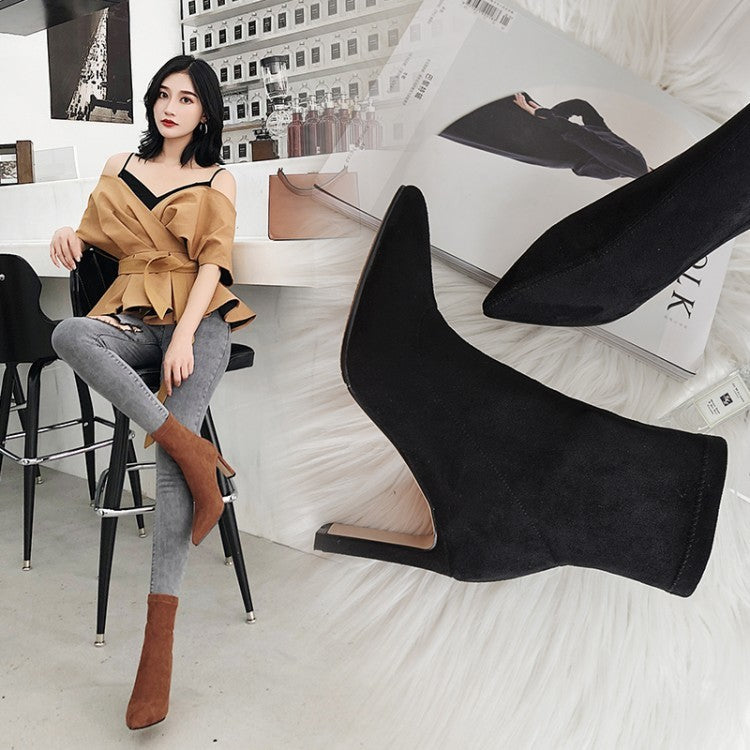 Women's Pointed Toe Short Suede Boots with Elastic High Heel