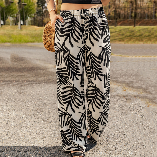 Drawstring High Waist Casual Green Leaf Printed Wide Leg Pants