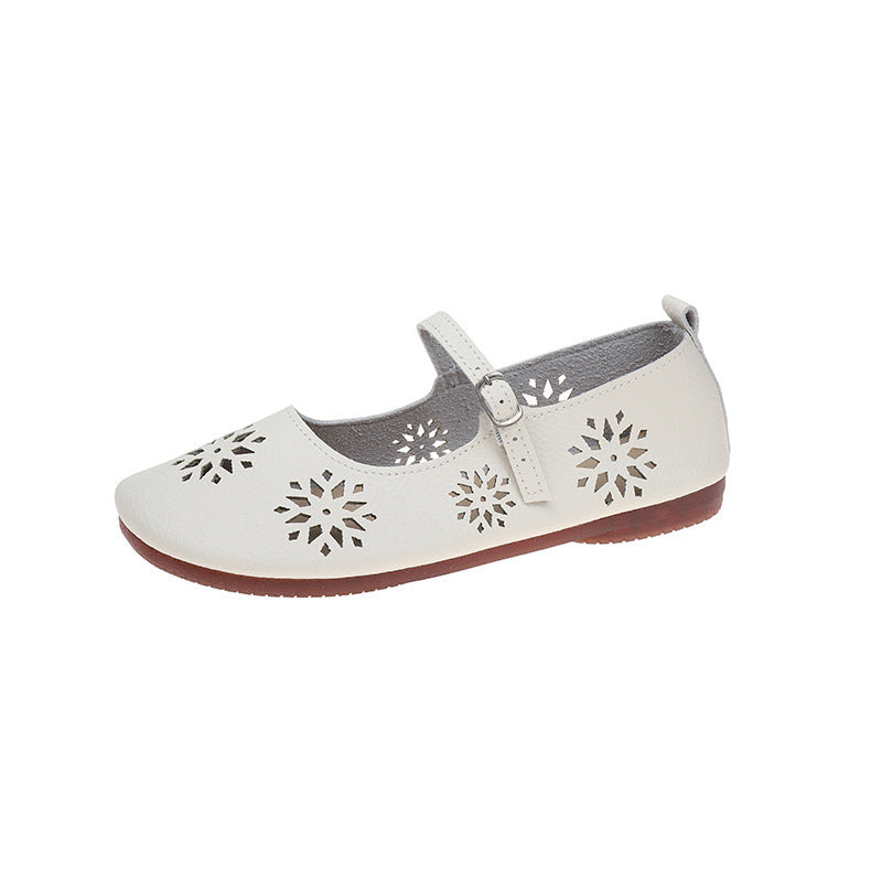 Retro Soft Leather Flat Hole Shoes with Buckle - Hollowed Leisure Design