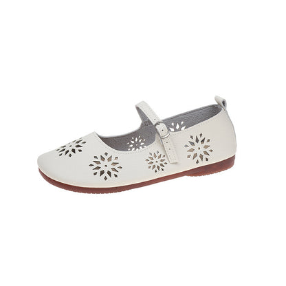 Retro Soft Leather Flat Hole Shoes with Buckle - Hollowed Leisure Design