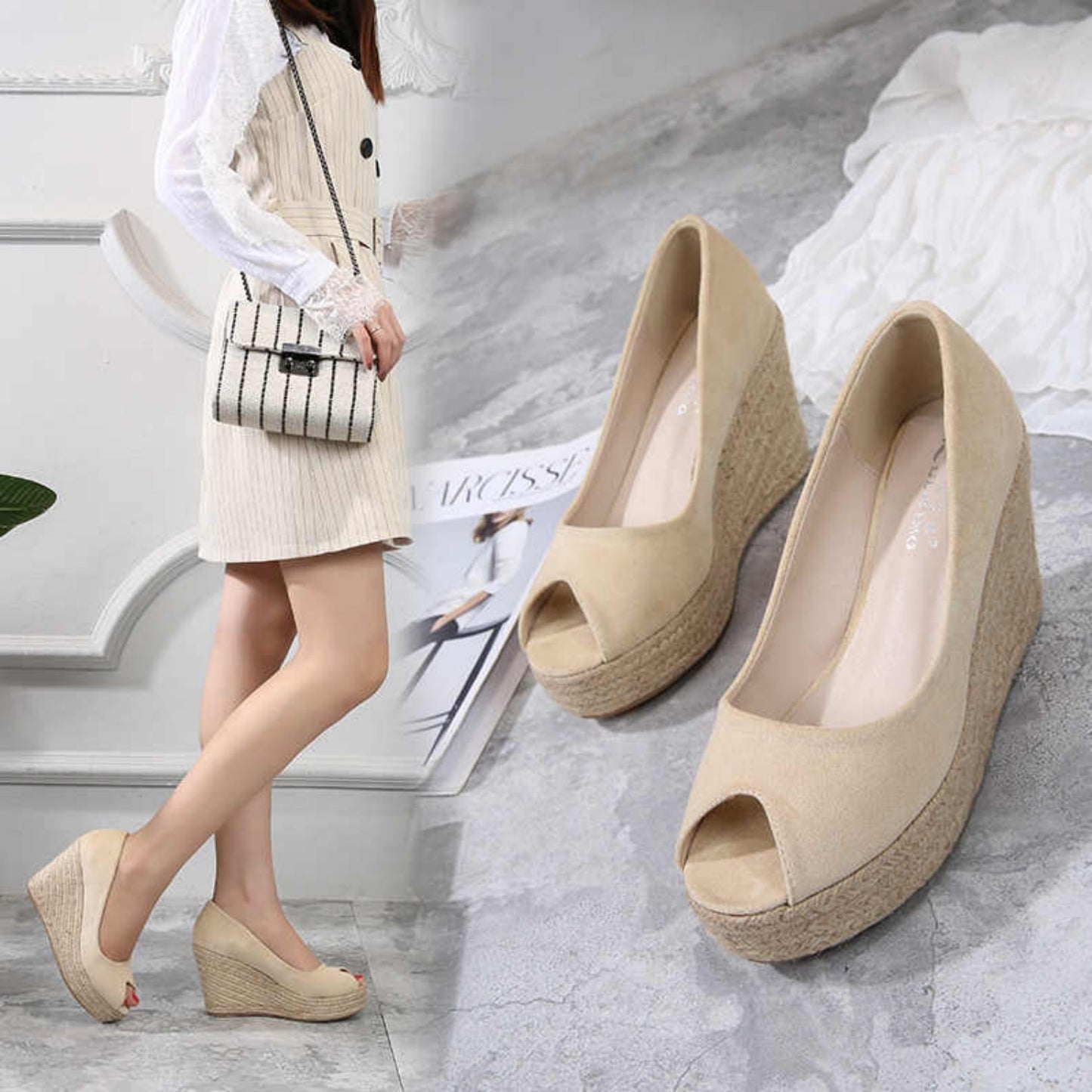 Korean Spring and Autumn Slope Heel Peep Toe Shoes