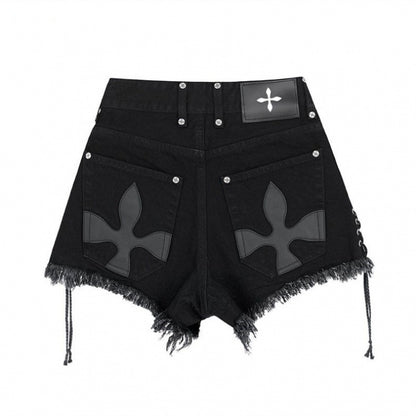 Lace-up Frayed Cross Flower & Pattern Sweet Cool Denim Shorts For Women