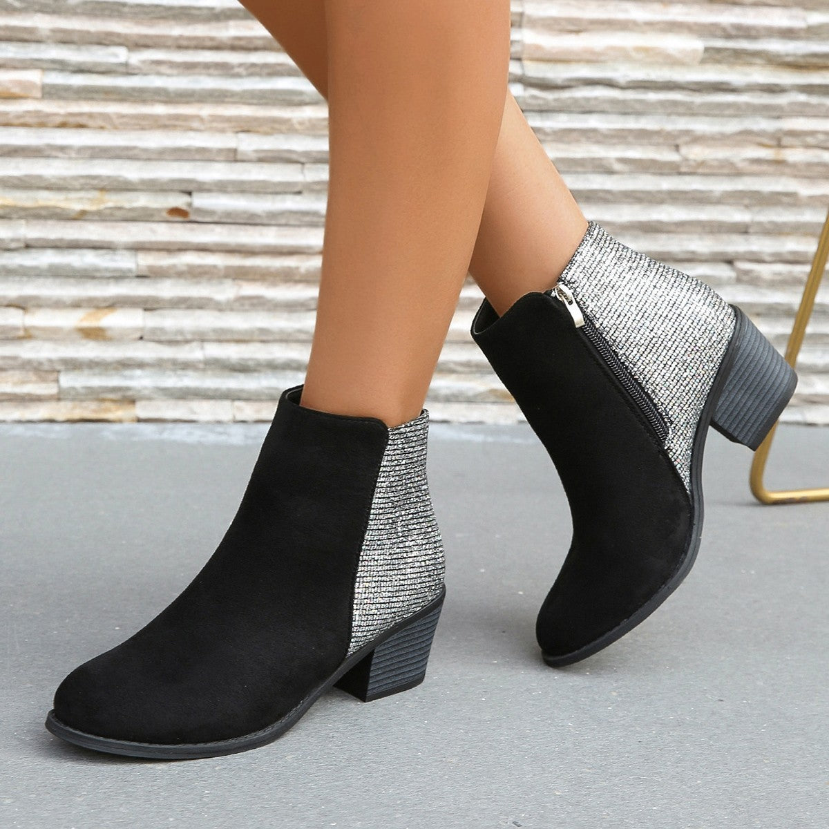 Women's Color-Blocking Sequin Chunky Heel Short Boots with Side Zipper – Plus Size