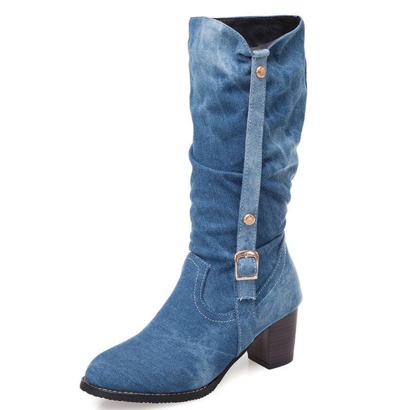 Mid-Calf Denim Women's High Heel Boots