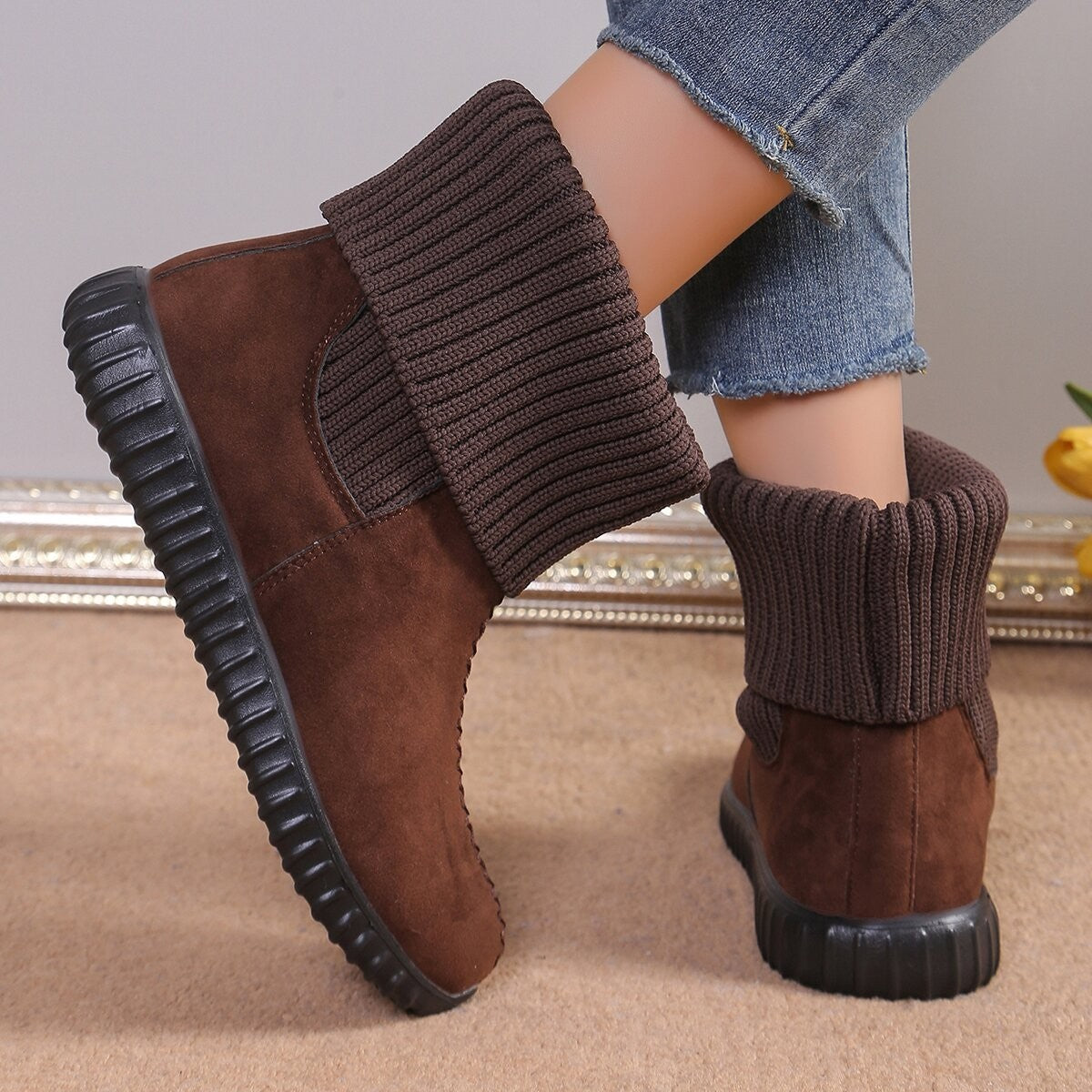 Winter Fashion Flat Ankle Boots for Women – Comfortable Reversible Knitted Design Snow Boots