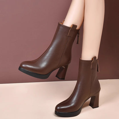 Women's Soft Leather High Heel Boots with Velvet Lining and Genuine Leather