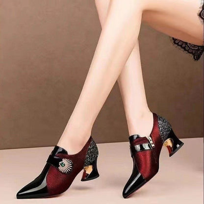 Women's Fashion Rhinestone Mid Heel Deep Mouth Pumps in Soft Leather