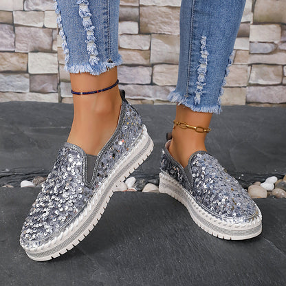 Round Toe Color-Blocking Sequin Flats for Women