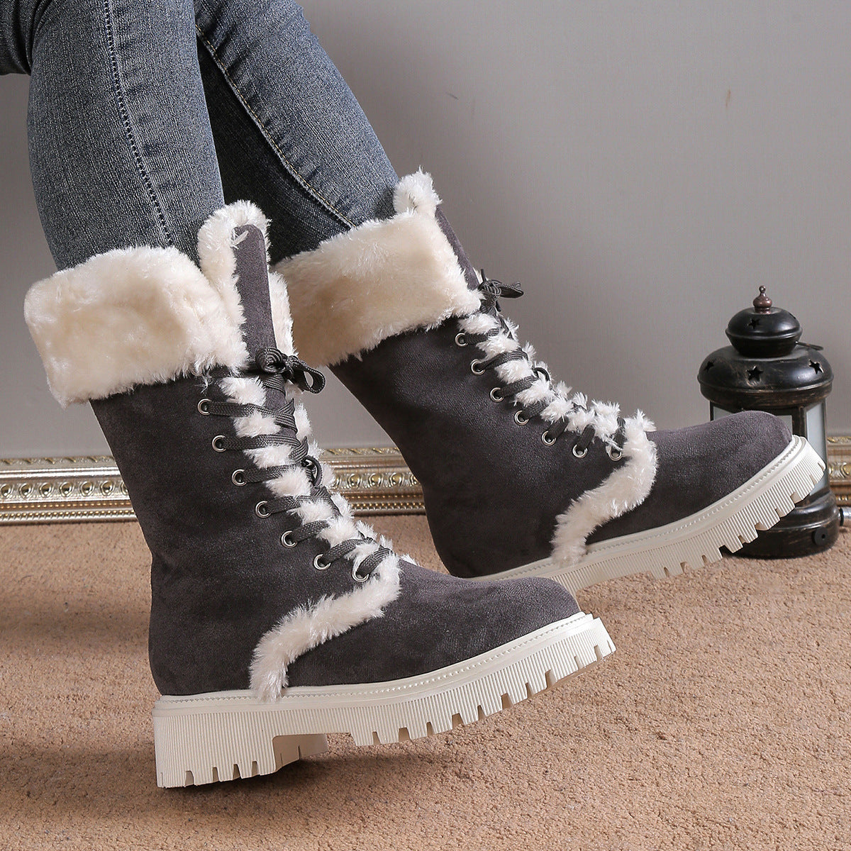 Winter Lace-Up Snow Boots for Women – Mid-Tube, Fleece Lined, Warm Chunky Heel Plush Boots