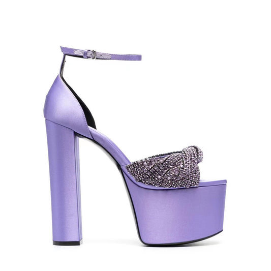 Silk Finish High-Heeled Sandals with Peep-Toe & Rhinestone Accents