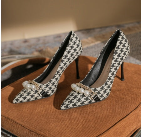 Women's Pointed Metal Chain Shallow Mouth High Heels: All-Match Pearl Color Matching Shoes