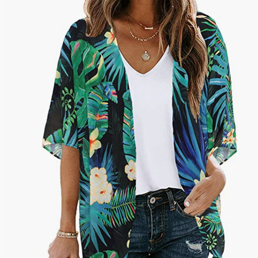 Women's Fashion Chiffon Holiday Floral Print Sunscreen Beach Cover-up