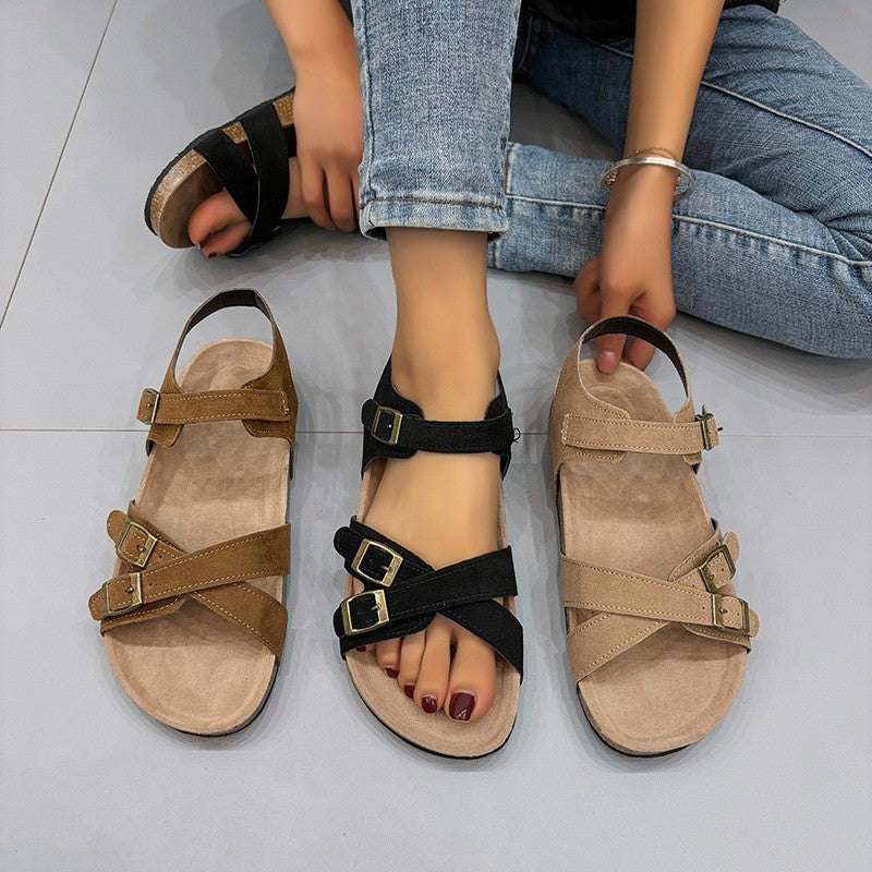 Women's Large Size Flat Bottom Casual Slippers with Belt Buckle Cross Straps