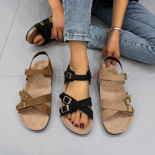 Women's Large Size Flat Bottom Casual Slippers with Belt Buckle Cross Straps