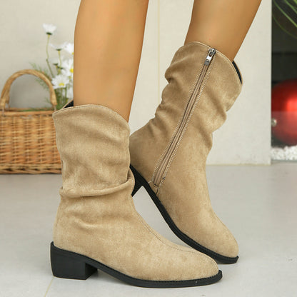 French Retro Western Style Frosted Mid-Calf Cowboy Boots for Women