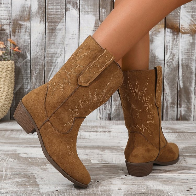 Women's Pointed Toe Western Denim Ankle Boots - Brown Suede Chunky Heel