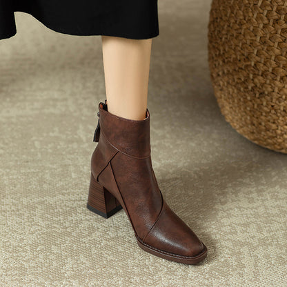 Women's Retro Brown British Style Chunky Heel Boots