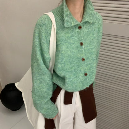 Women's Soft Glutinous Stand Collar Sweater with Wooden Buckle and Lapel