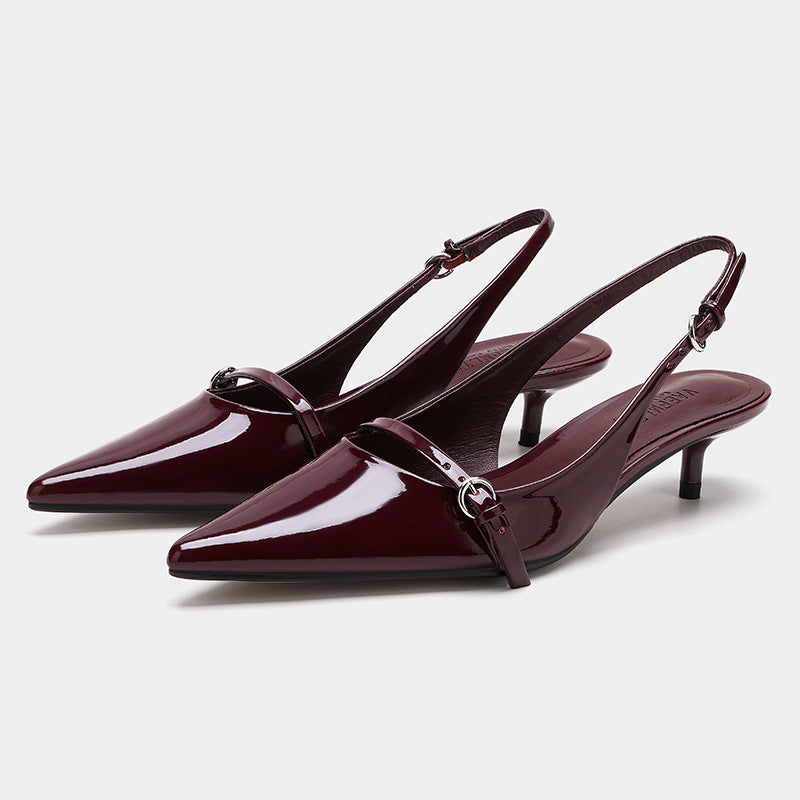 Wine Red Retro Pointed Toe Slingback Mules with Strap