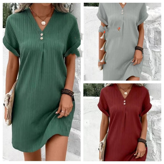 Stylish V-neck Button Pullover Dress for Women